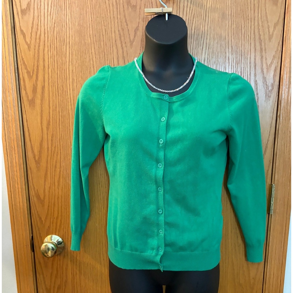 Cielo Green Button Front Cardigan Sweater Long Sleeve Puff Shoulder Large